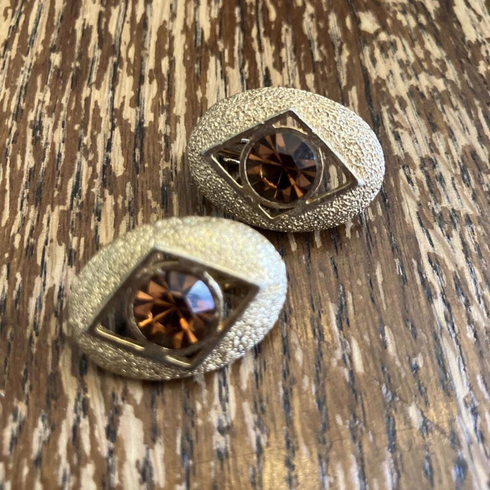 Sarah Coventry Gold Tone Etruscan Oval Rhombus Openwork Faux Amber Clip Earrings